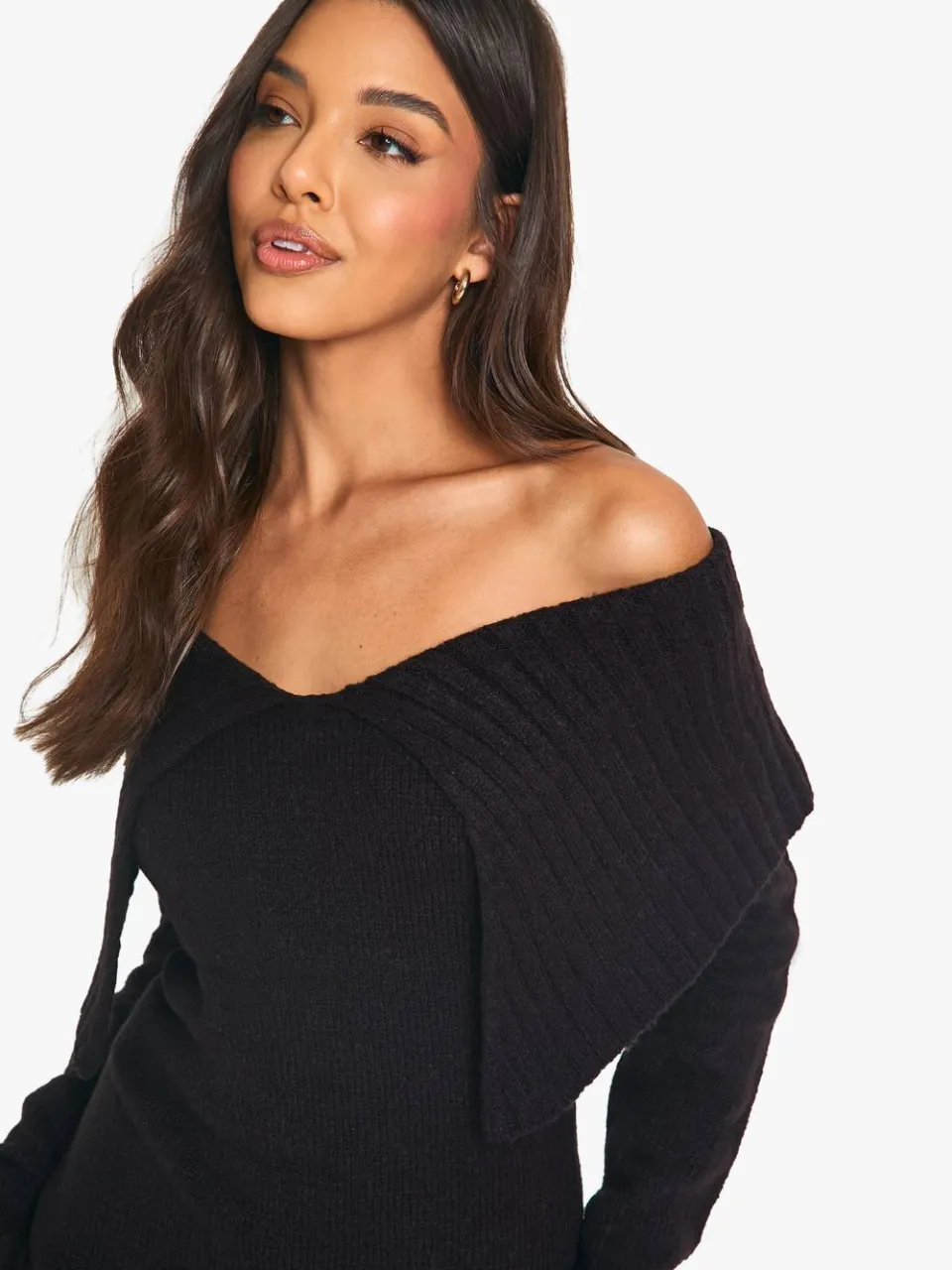 boohoo Dames Zachte gebreide oversized kraag off-shoulder trui jurk zwart, foto 3