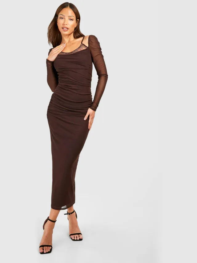 boohoo Dames Lange Meshjurk met kanten trimdetail in midaxi lengte Chocoladebruin