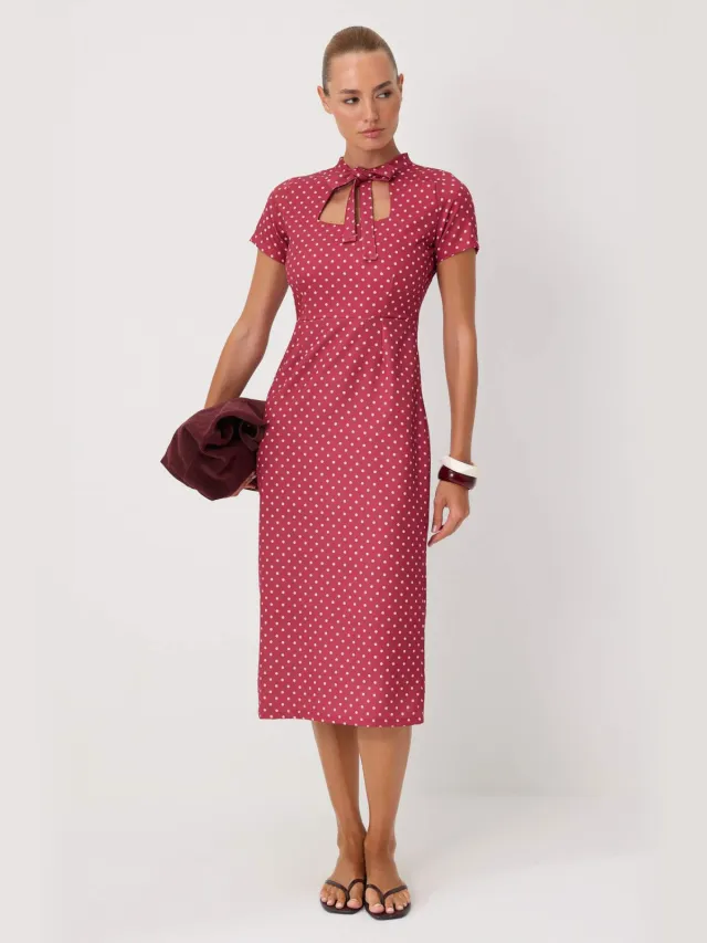 Trendyol TRENDYOLMİLLA Dames Bordeaux Stippen Midi Kort Recht Jurken Bordeauxrood
