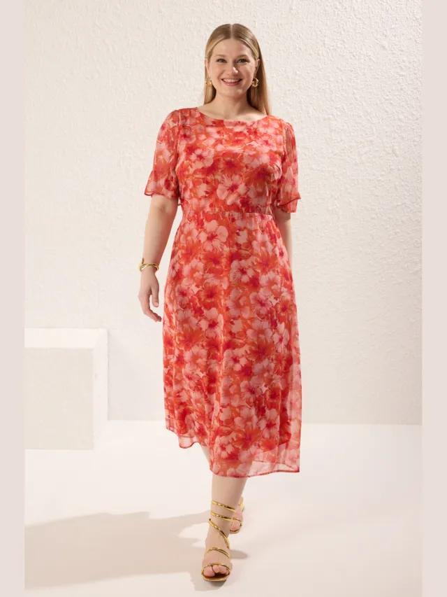 Trendyol Curve Dames Meerkleurig Dierenprint Midi Kort Casual A-lijn Grote maten Jurk Veelkleurig