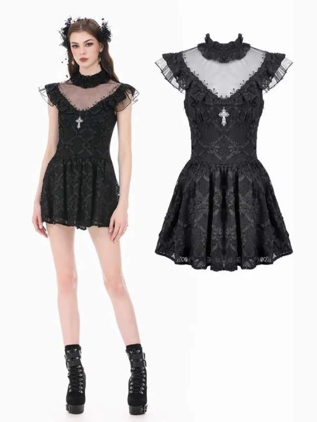 Dark In Love Dark Sacred Lace HighNeck Korte jurk - XS - Zwart