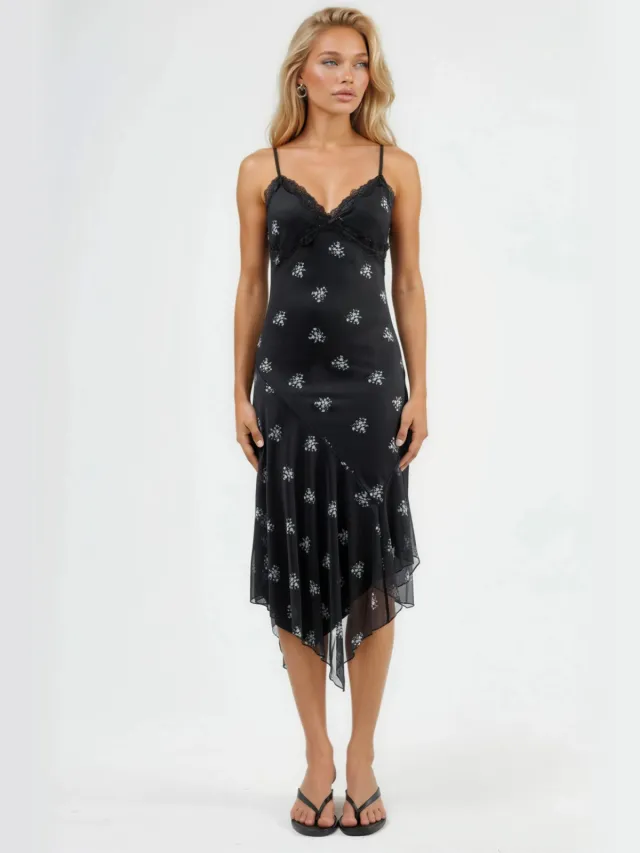 Hiccup V-hals Gedrukt Bodycon Maxi Jurk met Kantdetails Zwart