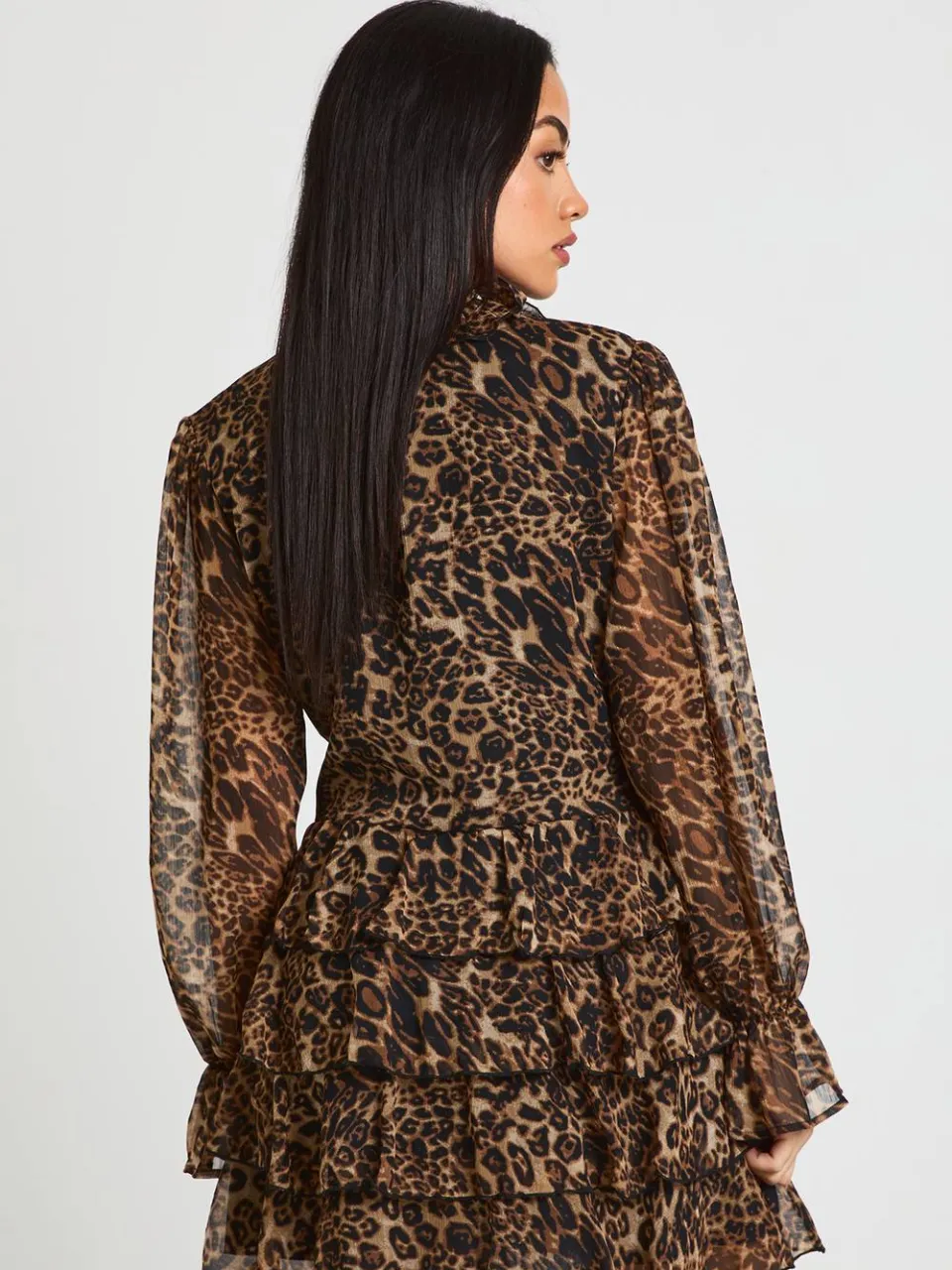 boohoo Dames Chiffon Mini Jurk met Ruffle Details en Luipaardprint, foto 2