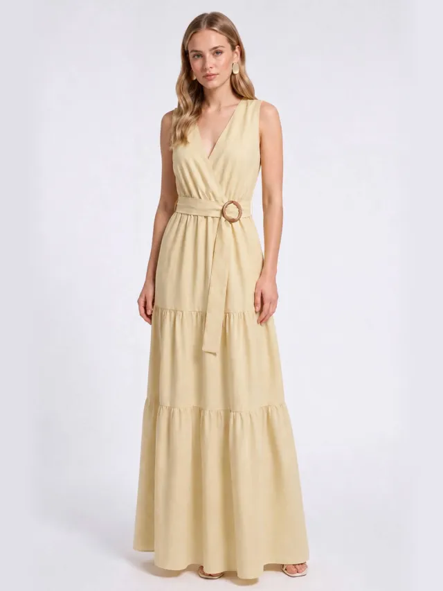 Freebird midi jurk met ceintuur - geel