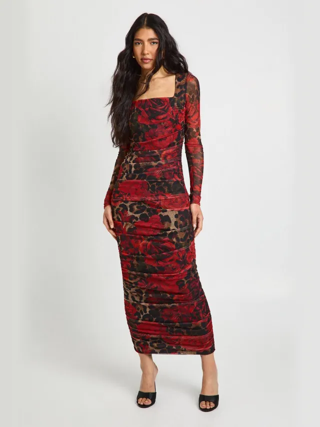 boohoo Dames Tall Luipaard Bloemen Mesh Vierkante Hals Gerimpelde Midi Jurk Luipaardprint