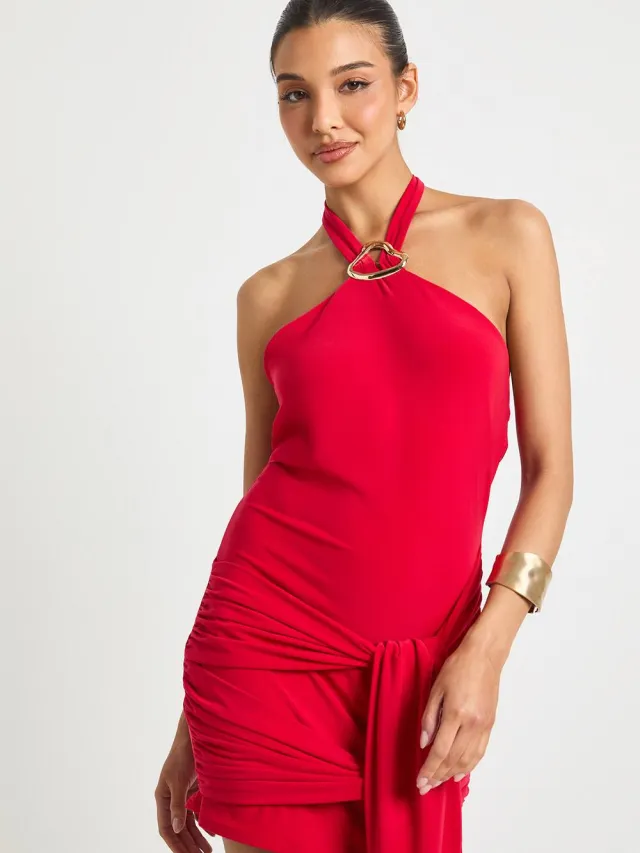 boohoo Dames Mini-jurk met halterneck en strikdetail Rood