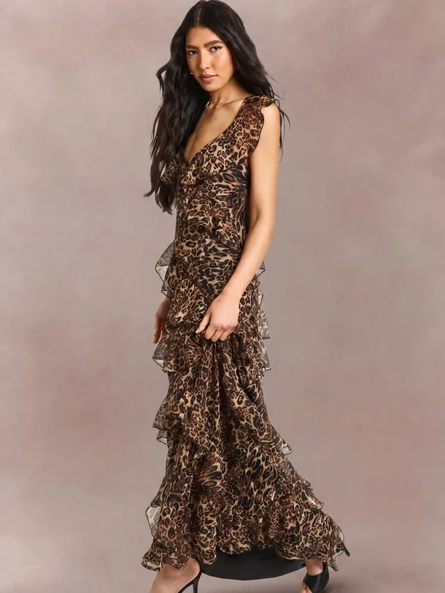 boohoo Dames Lange Chiffon Ruffle Luipaard Bandjes Maxi Jurk Zwart