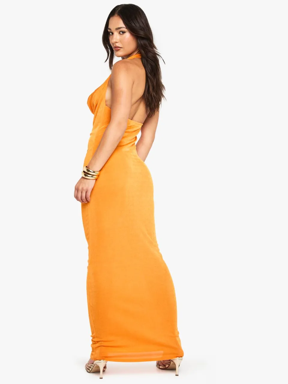 boohoo Dames Petite Beaded Cowl Slinky Maxi-jurk oranje, foto 2