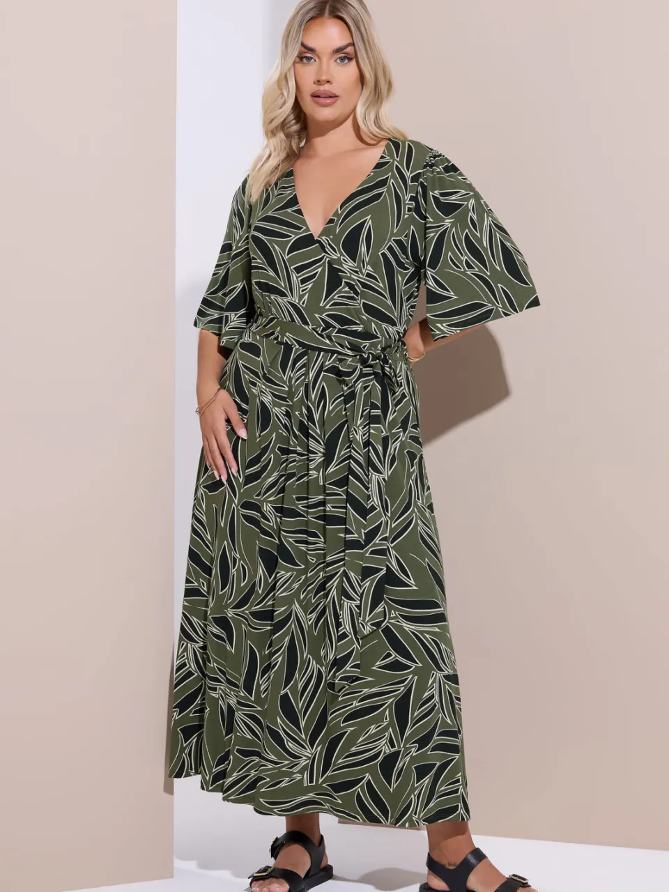 Yours Khaki Groene Blad Wikkel Maxi Jurk, foto 2