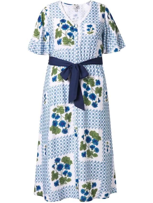 Ulla Popken Dames - Maxi-jurk ruiten/bloemen V-hals korte mouwen - Off-white - Maat 58+