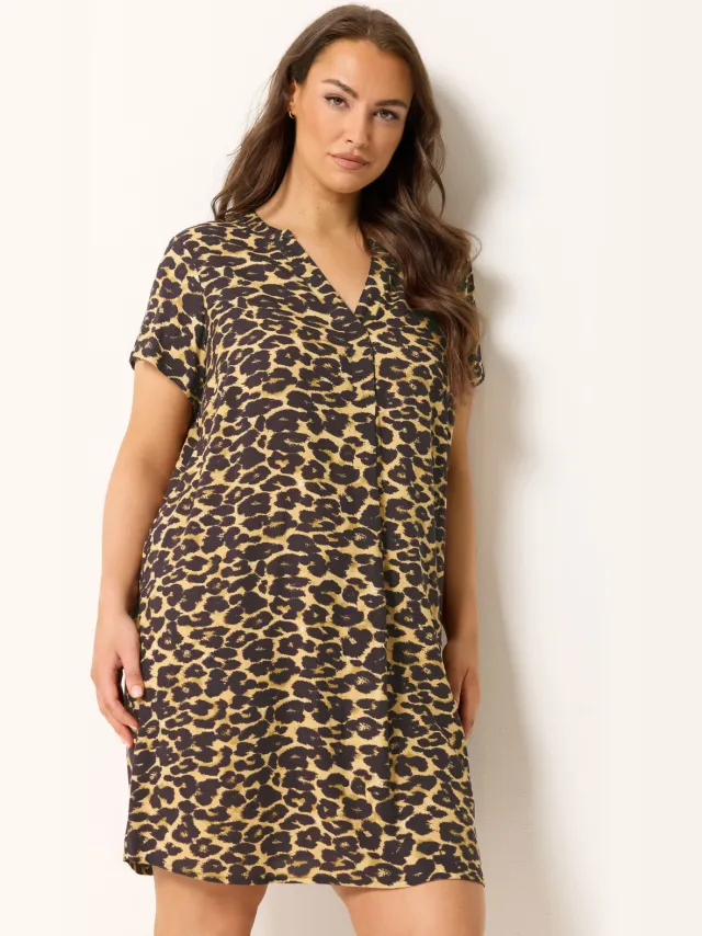 Yours Zwarte Jurk Met Luipaardprint En Plooien Aan De Voorkant Black