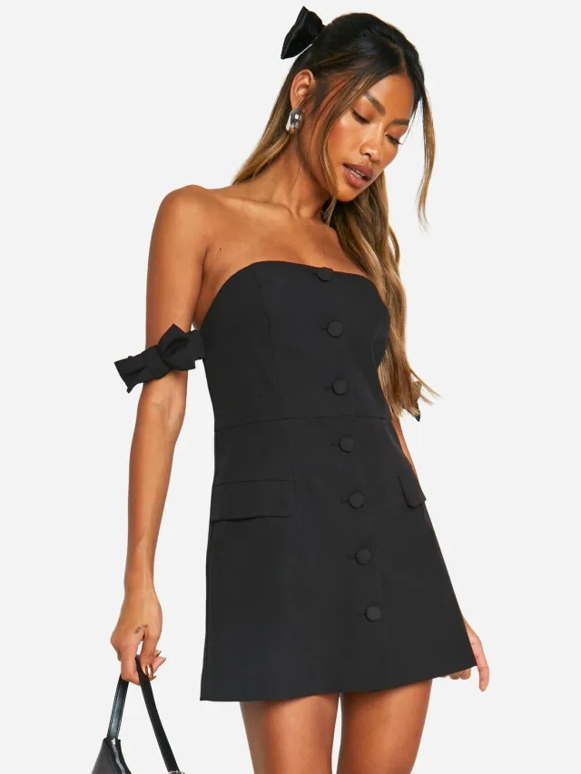 boohoo Dames Bow Bardot Tailored Mini Dress Zwart