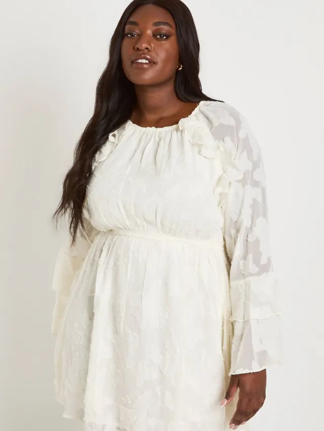 boohoo Dames Plus Burnout bloemenprint met ruches smockjurk Ivoor