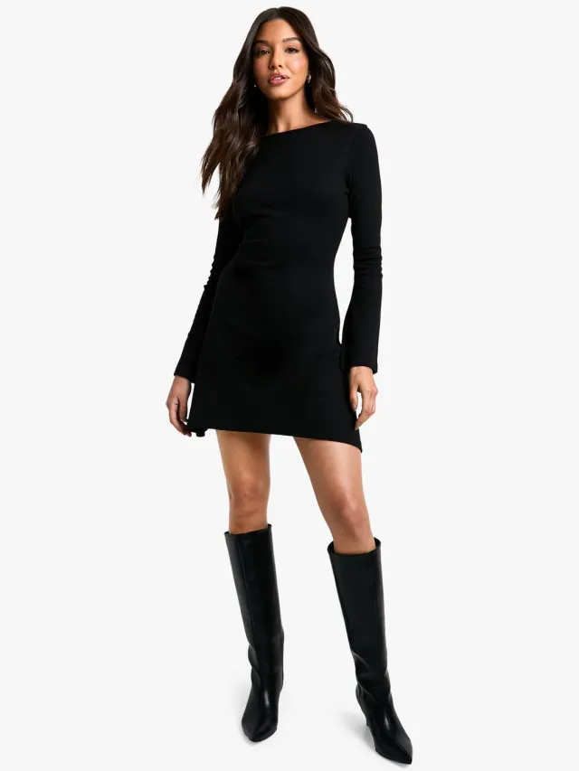boohoo Dames Geribbelde Shift Jurk met Bandjes op de Rug Zwart