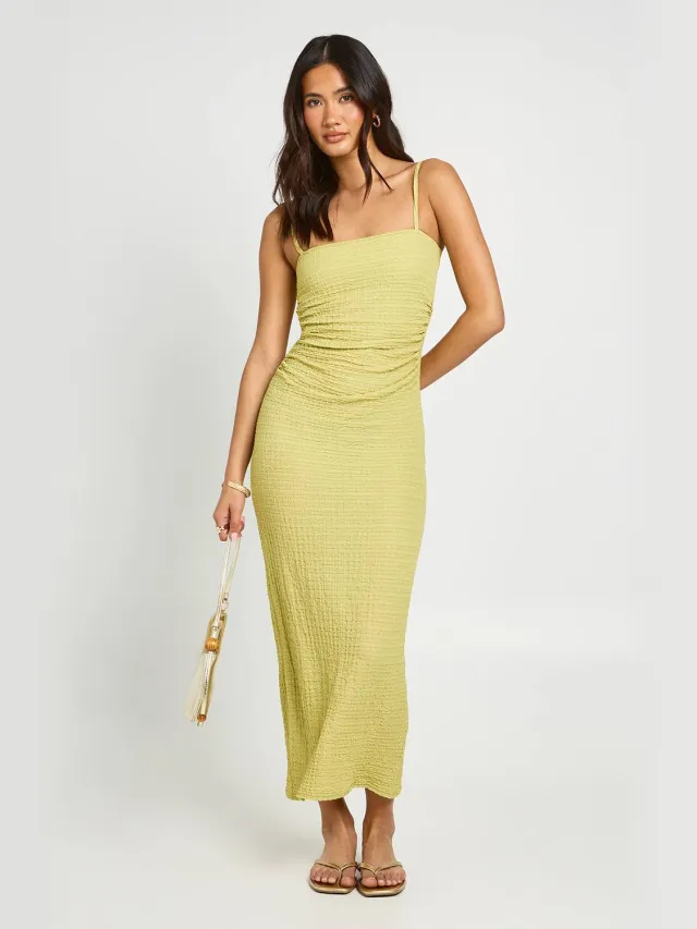 boohoo Dames Getextureerde Midaxijurk Met Geplooid Middel Limoen