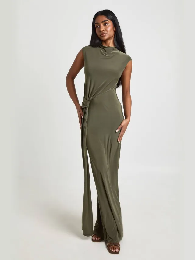 boohoo Dames Dubbele Laag Slinky Zijwrap Detail Maxi Jurk Olijf