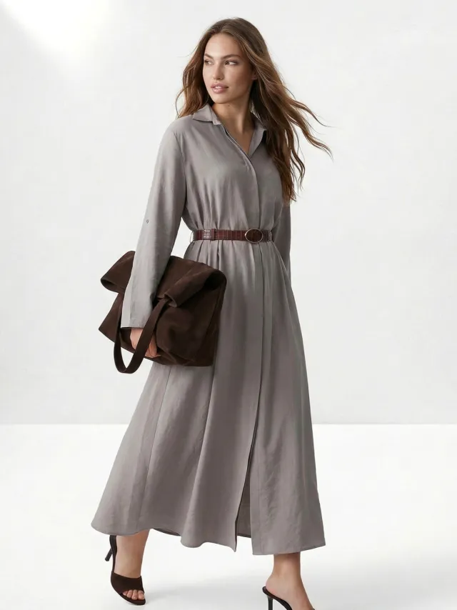 Turkishsouq Damesjurk in bruin, plat model, maxi-blouse, lange blousejurk, geschikt voor hijab