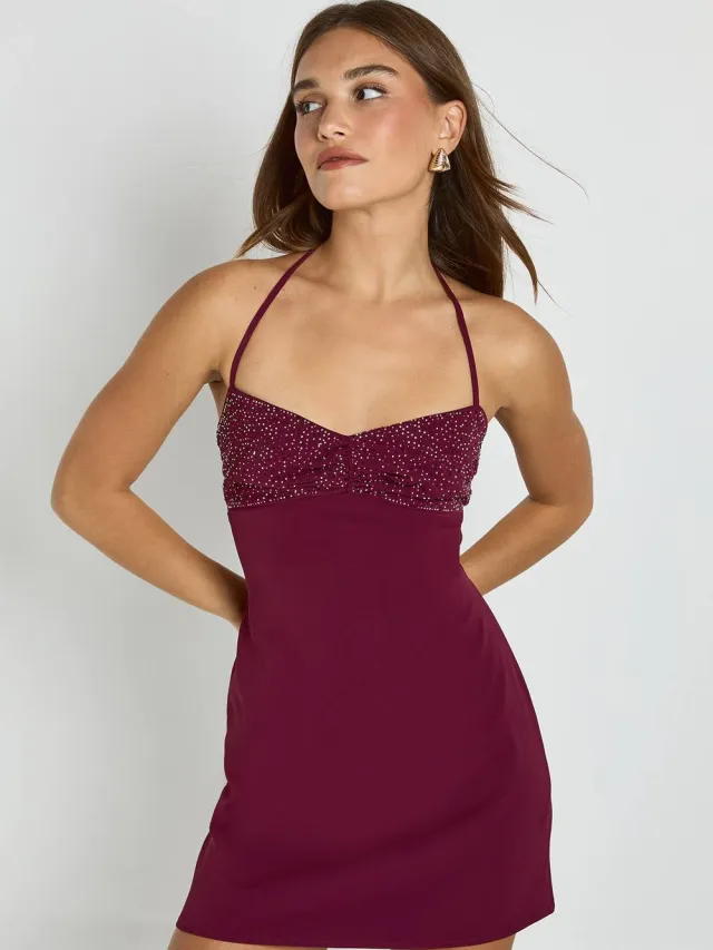 boohoo Dames Glitter Detail Mini Slip Jurk Pruim