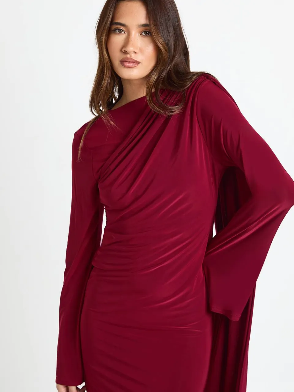 boohoo Dames Maxi-jurk met lange mouwen en drape details bordeaux rood, foto 4