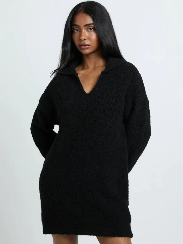 boohoo Dames Gebreide Mini-trui Jurk Met Kraag In Boucle Zwart