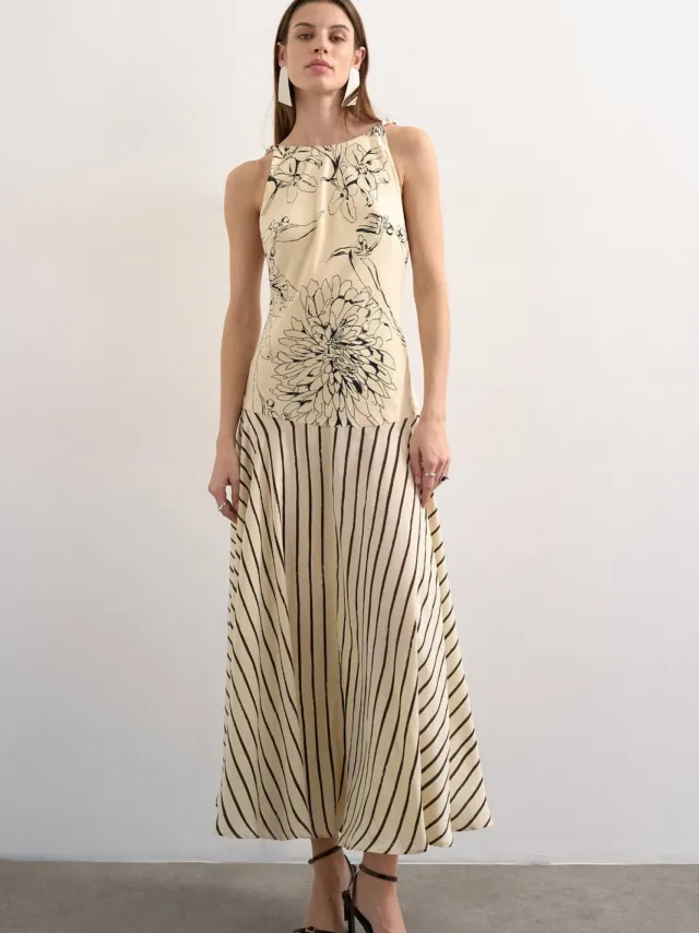 Topshop gestreepte gebloemde maxi jurk ecru