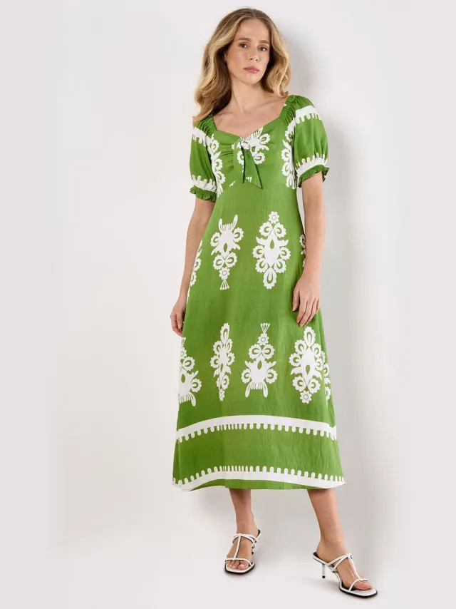 Apricot Folk Floral Print Midi Dress Groen