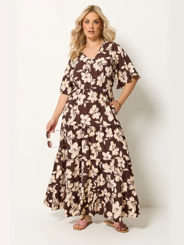 Yours Bruine Maxijurk Met Bloemenprint En Laagjes Brown