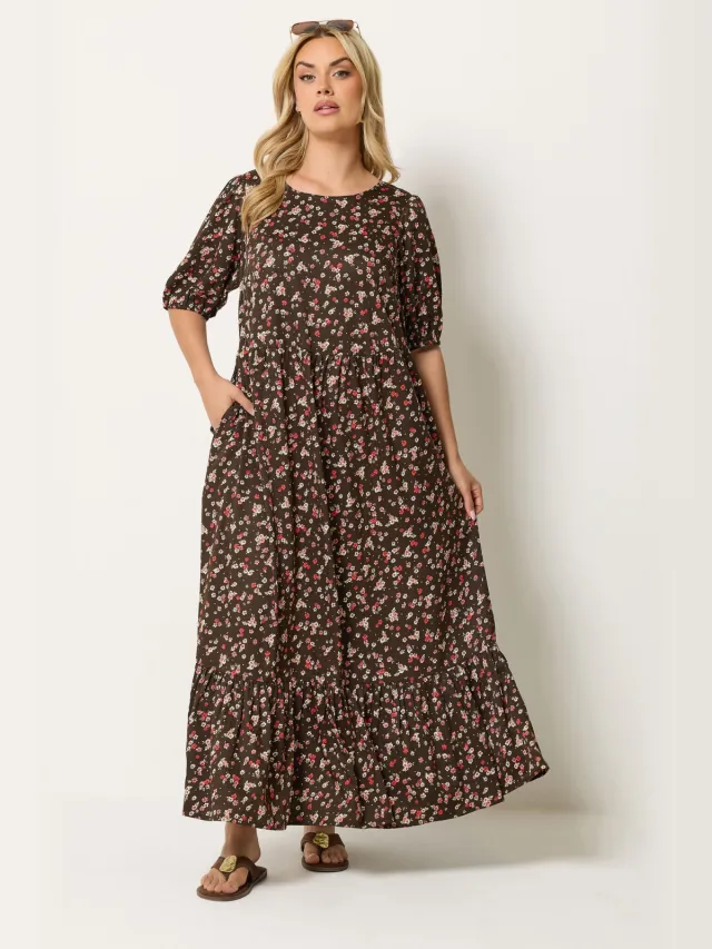 Yours Bruine Smock Maxijurk Met Fijne Bloemenprint-64 Brown