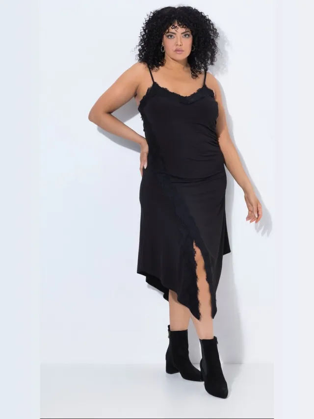 Ulla Popken Dames - Slinky maxi-jurk A-lijn V-hals mouwloos - Zwart - Maat 50+