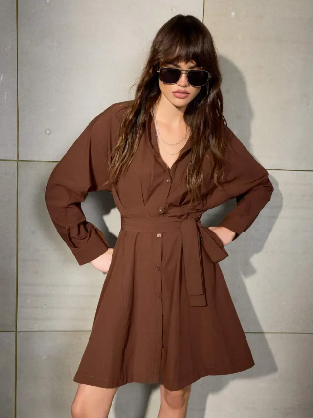 Trendyol TRENDYOLMİLLA Dames Bruin Gestreept Kort / Mini Lang Avond / Dagelijks Blousejurk Jurken