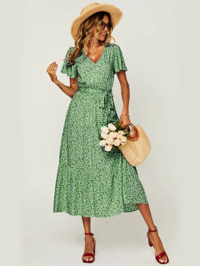 FS Collection Midi-jurk met bloemenprint en gelaagde zoom in groen