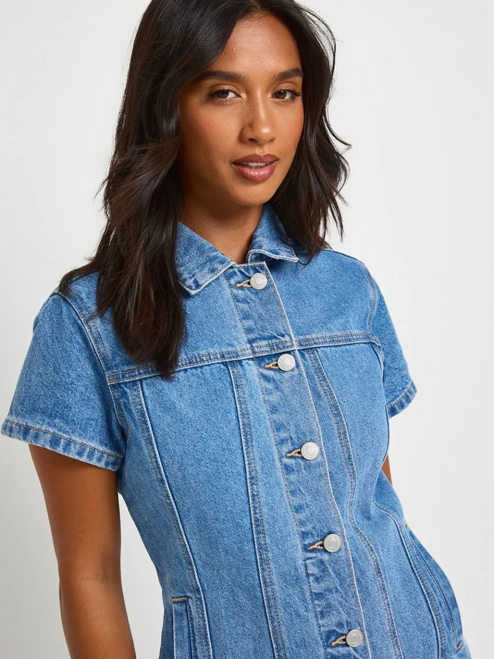 boohoo Dames Petite Western Denim Korte Mouw Mini Jurk, foto 4
