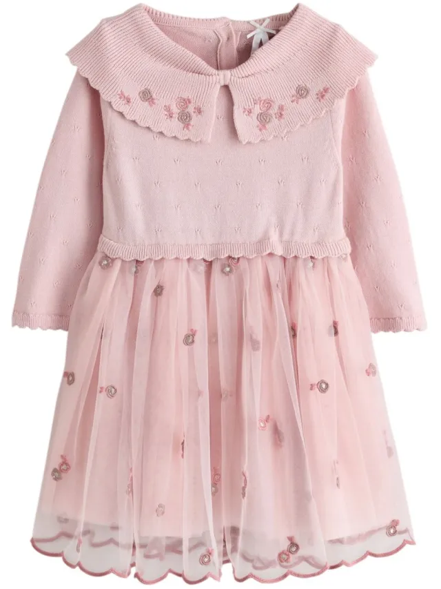 Next Meisjes - Jurk met strik en kraag voor speciale gelegenheden - Roze Pink