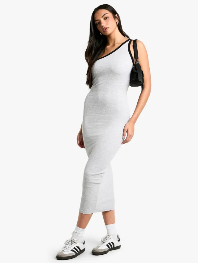 boohoo Dames Contrast Binding One Shoulder Midaxi Jurk Grijze Mergel