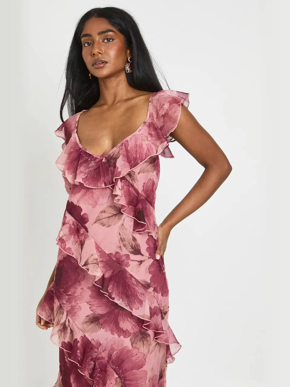 boohoo Dames Maxi Jurk Met Tonale Bloemenprint En Ruches Van Chiffon roos, foto 2
