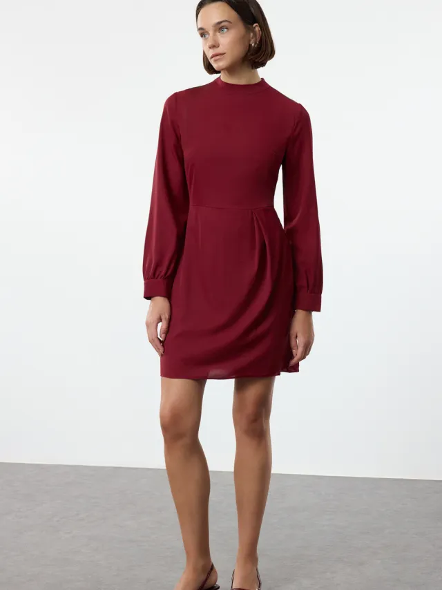 Trendyol TRENDYOLMİLLA Dames Bordeaux Effen Kort / Mini Lang Avond / Dagelijks A-lijn Jurken Kersenrood