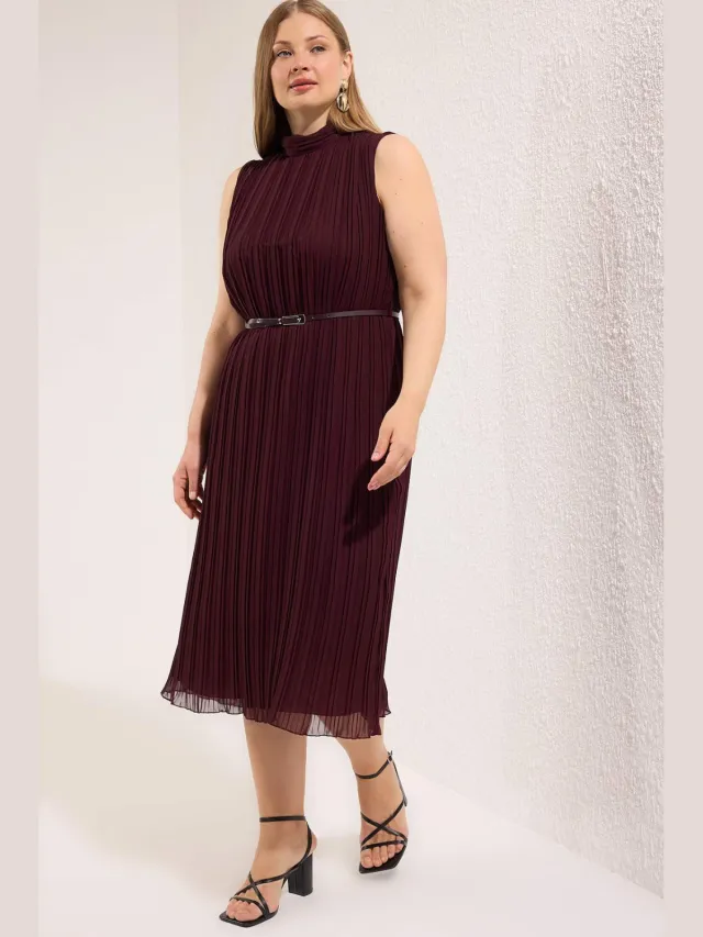 Trendyol Curve Dames Bordeaux Effen Midi Mouwloos Avond / Dagelijks Recht Grote maten Jurk Bordeauxrood
