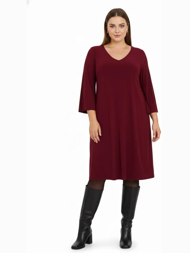 Yoek Jurk met V-hals | Bordeaux