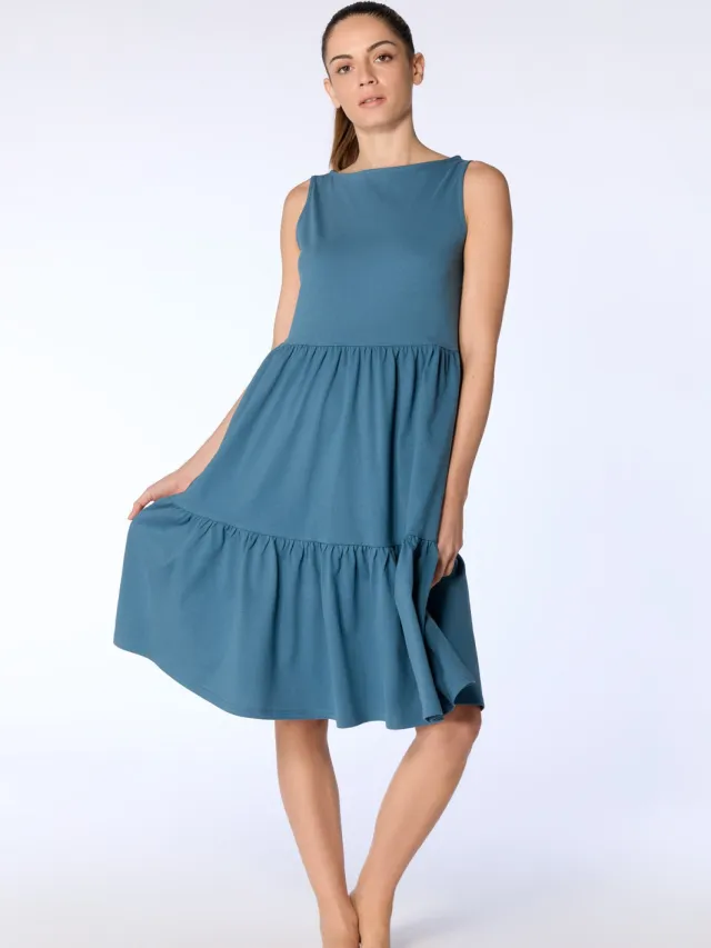 Leela Cotton dames vegan Jurk Ruffled Alpine Grijs Donkerblauw