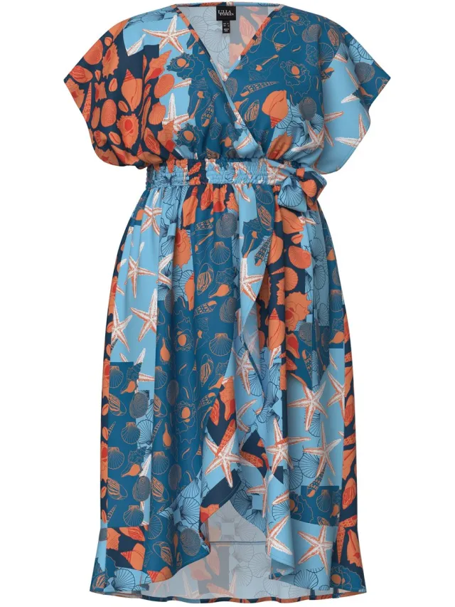 Ulla Popken Dames - Kaftan met wikkellook zeemotieven strikbandje zoomvolant - Blauw - Maat 3+