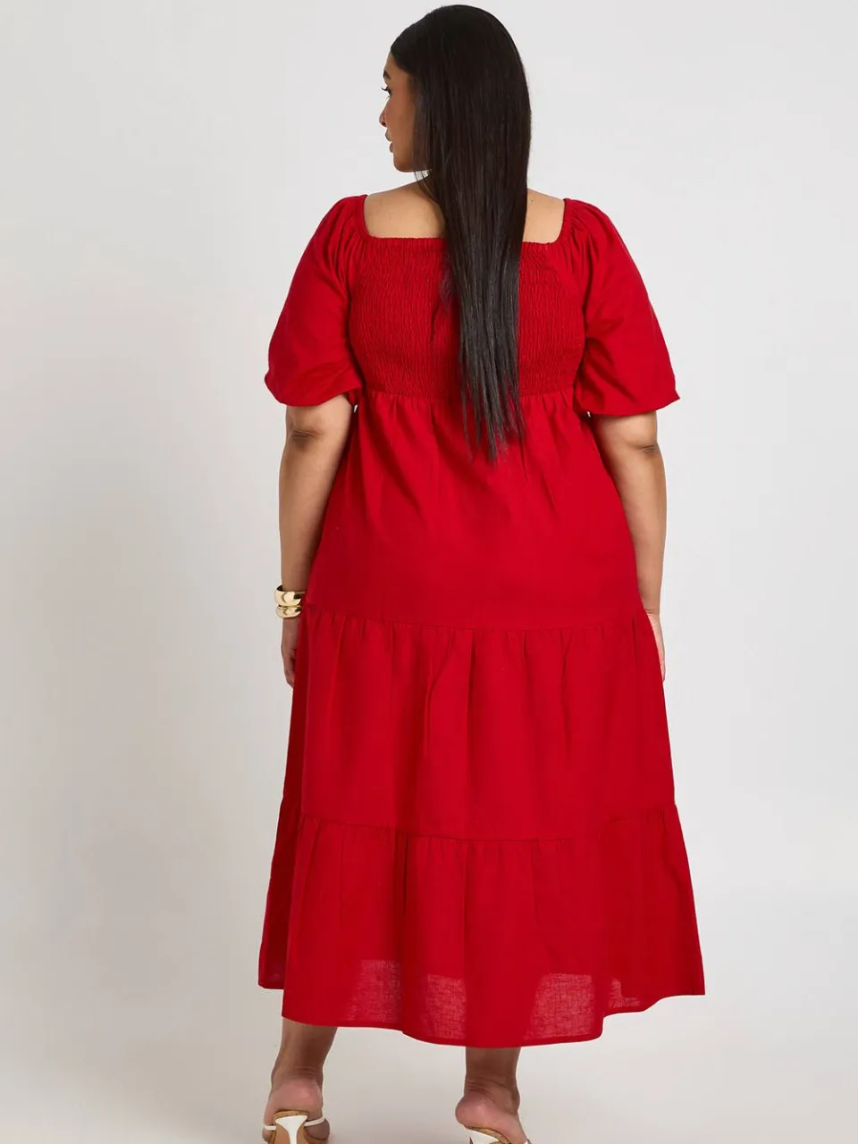 boohoo Dames Plus Linnen-look Jurk Met Volumemouwen En Gelaagde Midaxi Rok rood, foto 3