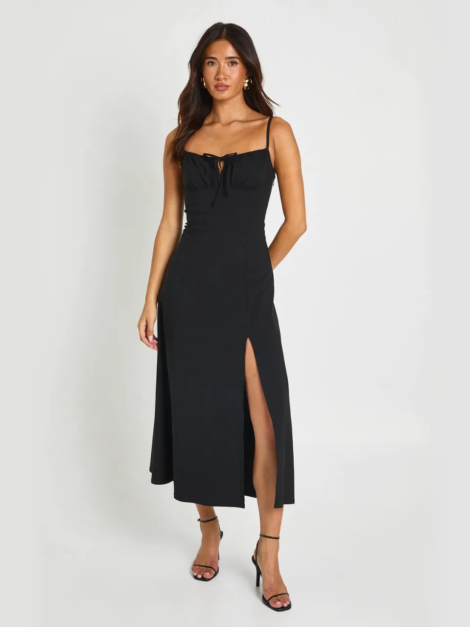 boohoo Dames Bengaline Midi-jurk Met Gerimpelde Buste En Verlaagde Taille zwart, foto 3