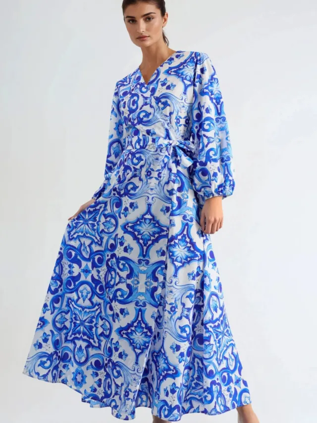 MSN Collection Geprinte V-hals Maxi-jurk met Lange Mouwen Lichtblauw