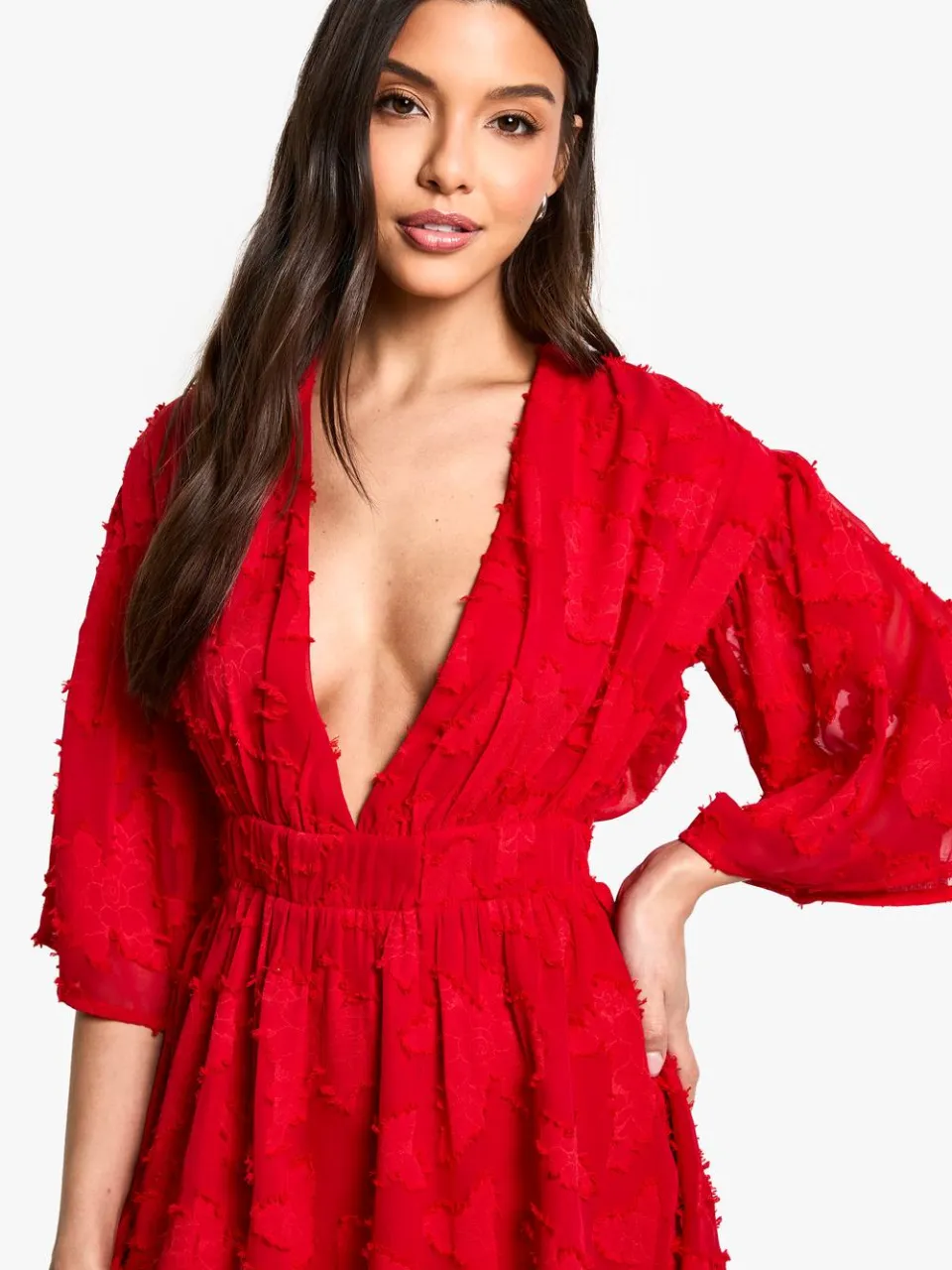 boohoo Dames Burnout Bloemen Plunge Skater Jurk rood, foto 3