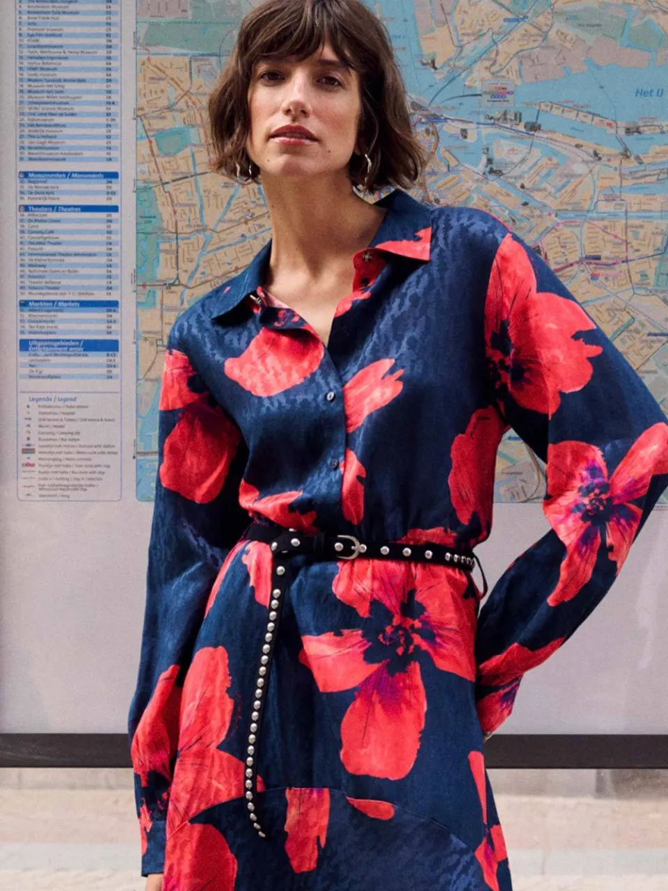 POM Amsterdam gebloemde maxi jurk met ceintuur - donkerblauw/rood, foto 5