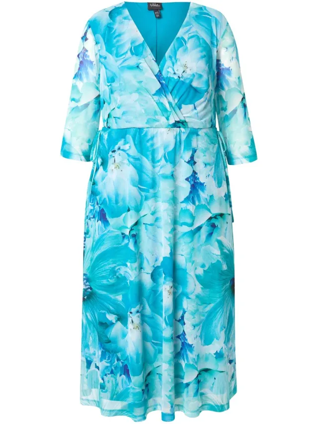 Ulla Popken Dames - Mesh maxi-jurk bloemen V-hals 3/4-mouwen - Koningsblauw - Maat 54+