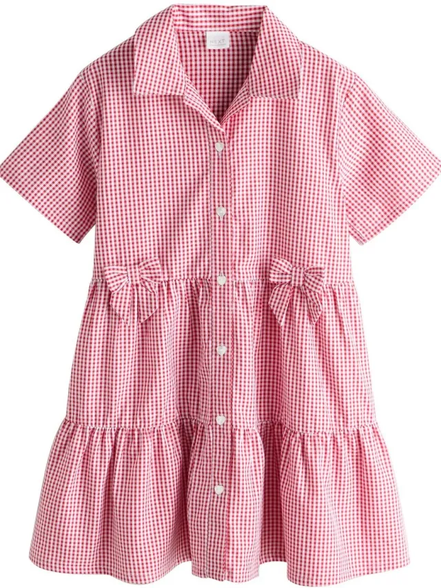 Next Meisjes - Katoenrijke utility-schooljurk met strik en ruitjes - Rood