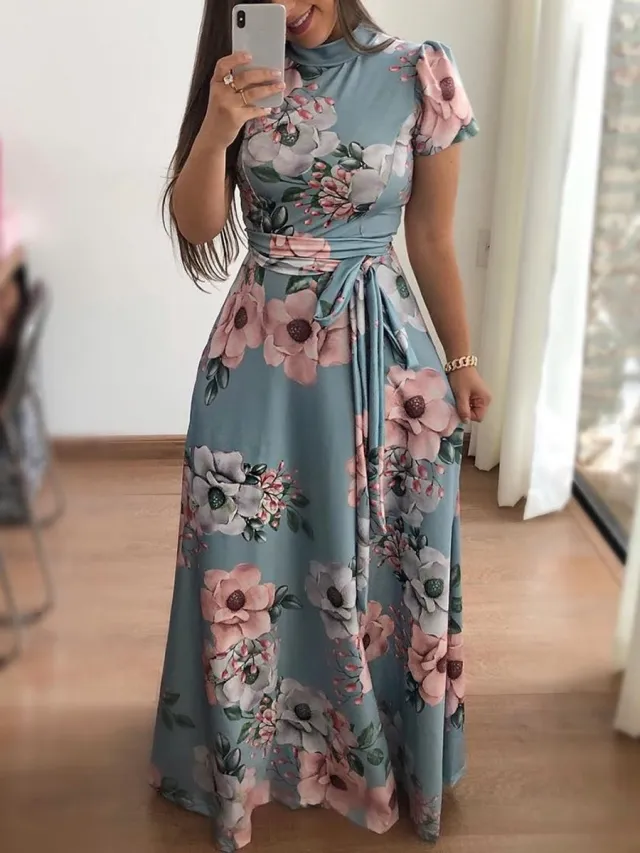 LOUZIR Dames Lange Jurk - Korte Mouw - Luchtige Zomerjurk - Peony, rose - One size - Groen - LOUZIR