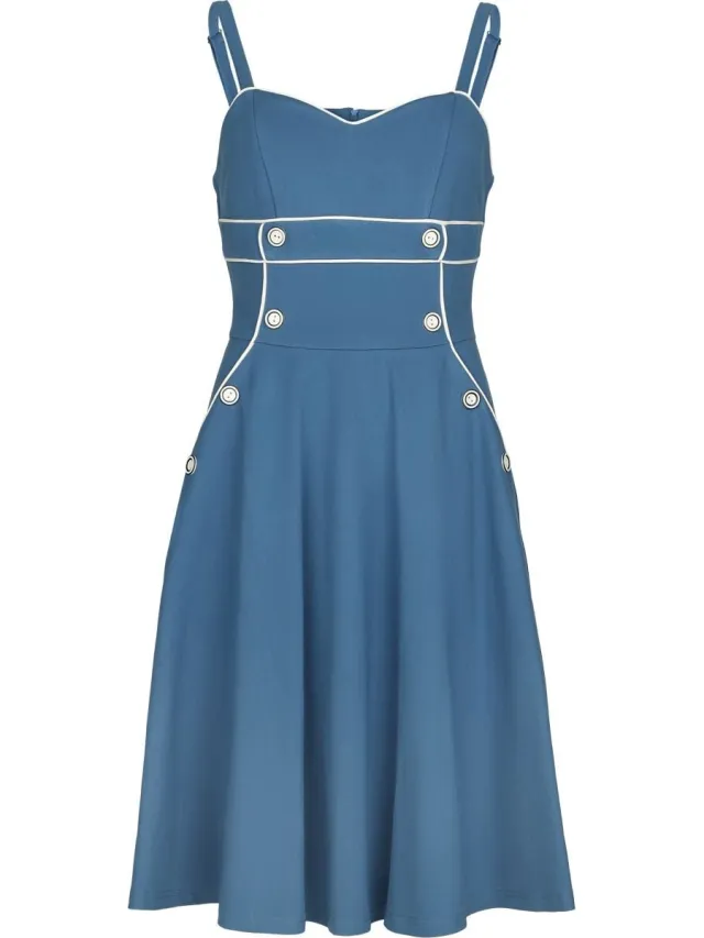 Voodoo Vixen Pinstripe Asymmetrical Button Flare Dress Dames Midi-jurk - blauw