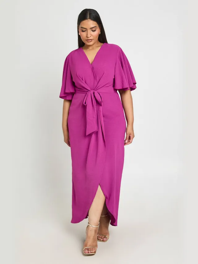 boohoo Dames Plus Getextureerde Maxi Jurk Met Strikdetail Roze